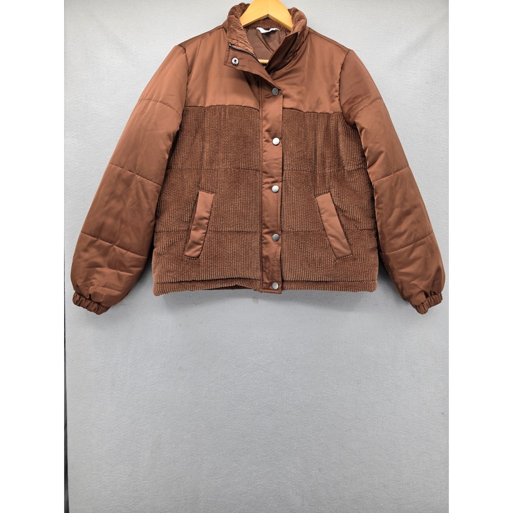 Time and Tru Brown Corduroy Mixed Media Puffer Jacket Womens Medium M 8-10 Coat